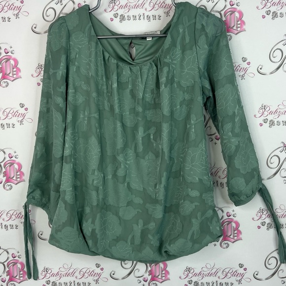 blousology Tops - Blousology long sleeve 3D print floral ribbon ties Green Floral Women's Top